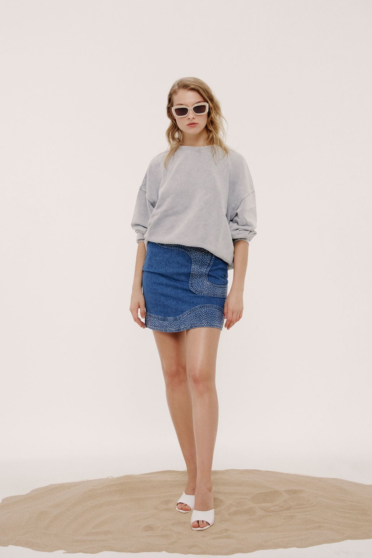 Taşlı Mavi Denim Etek