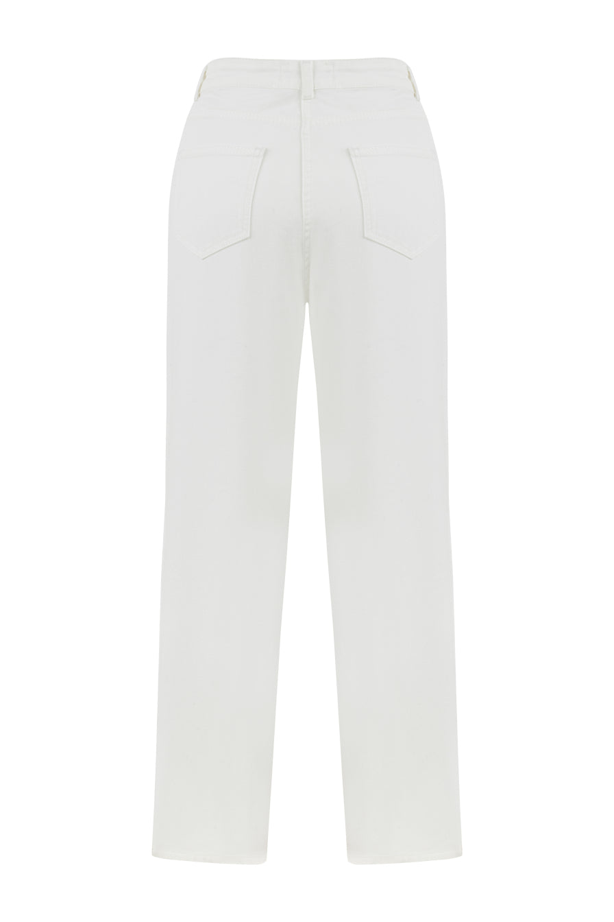 Örgü Detaylı Beyaz Denim Pantolon