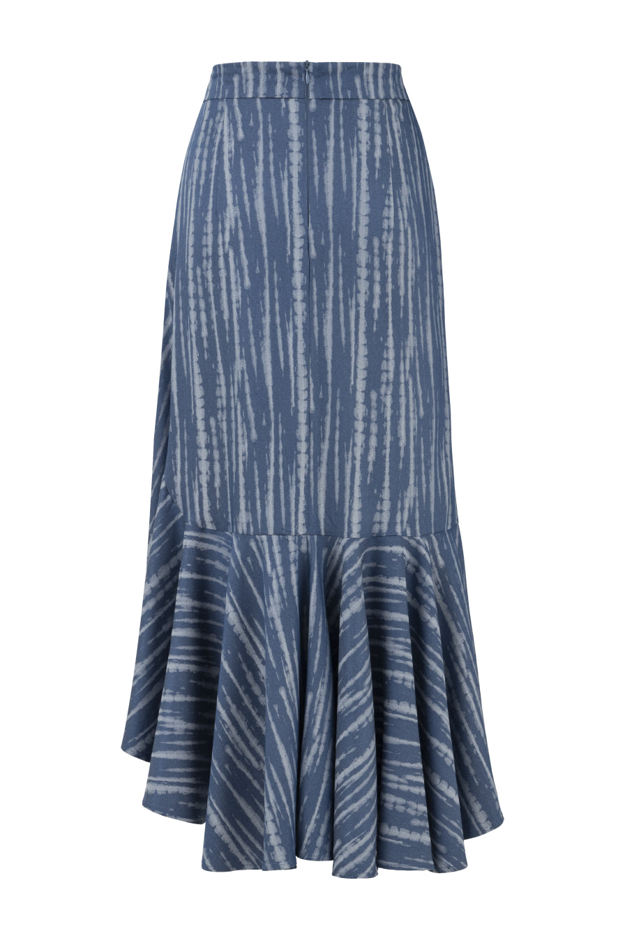 Mavi Desenli Yırtmaçlı Midi Etek