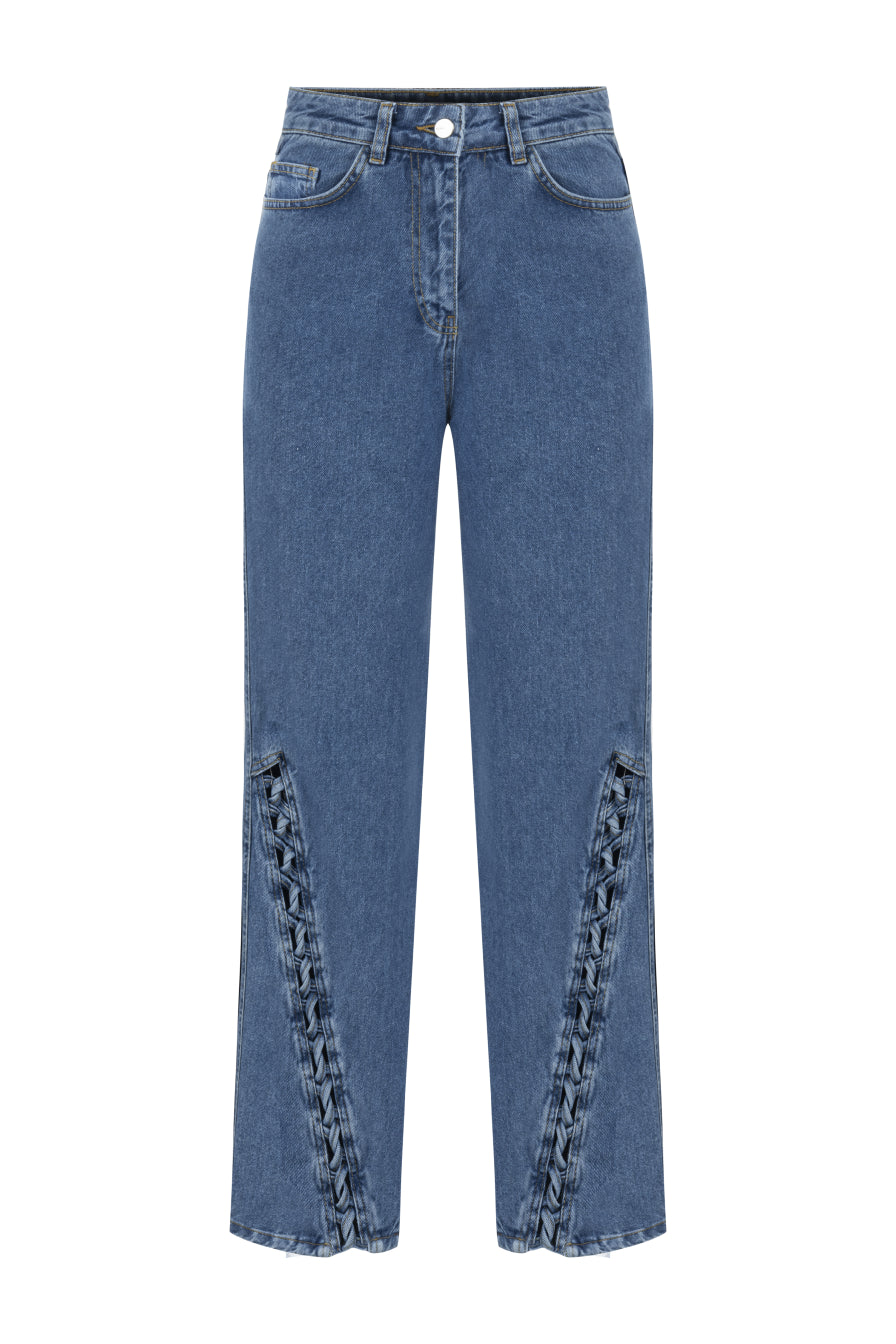 Örgü Detaylı Mavi Denim Pantolon