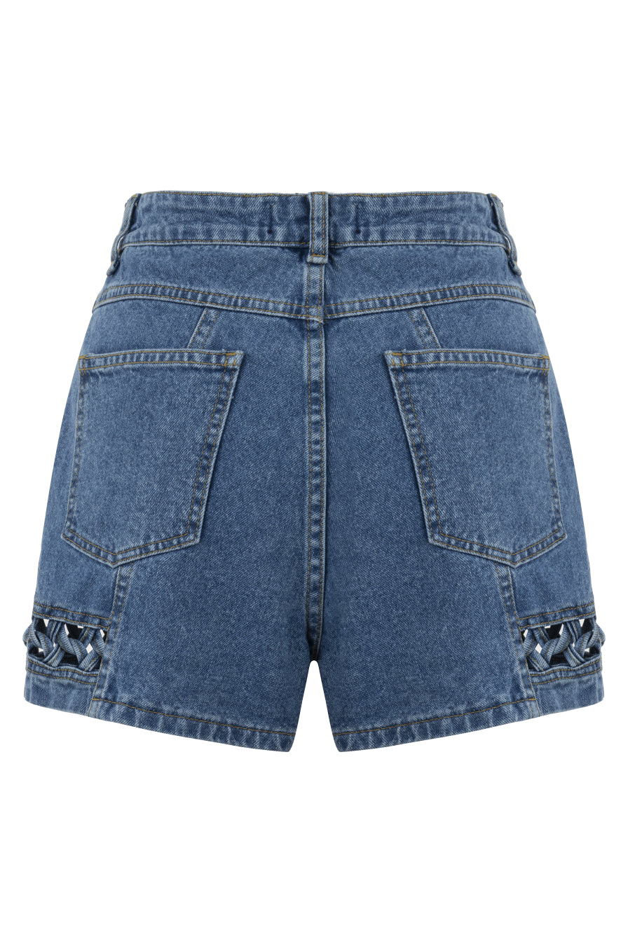 Örgü Detaylı Mavi Denim Şort
