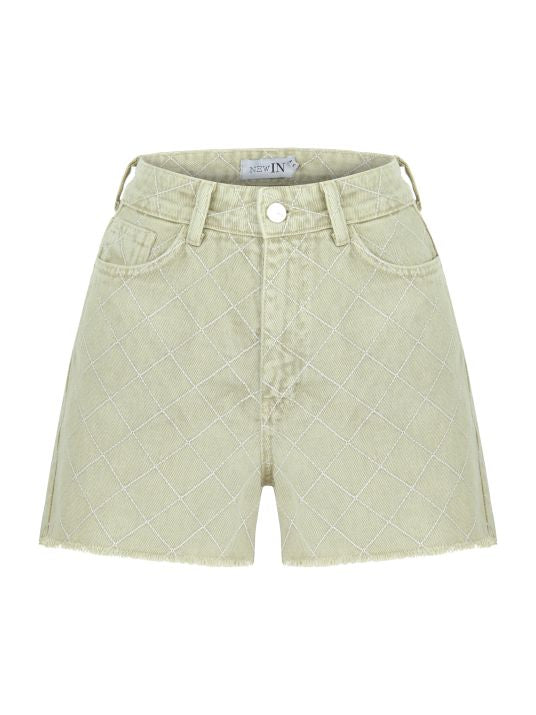 Brodeli Bej Denim Şort
