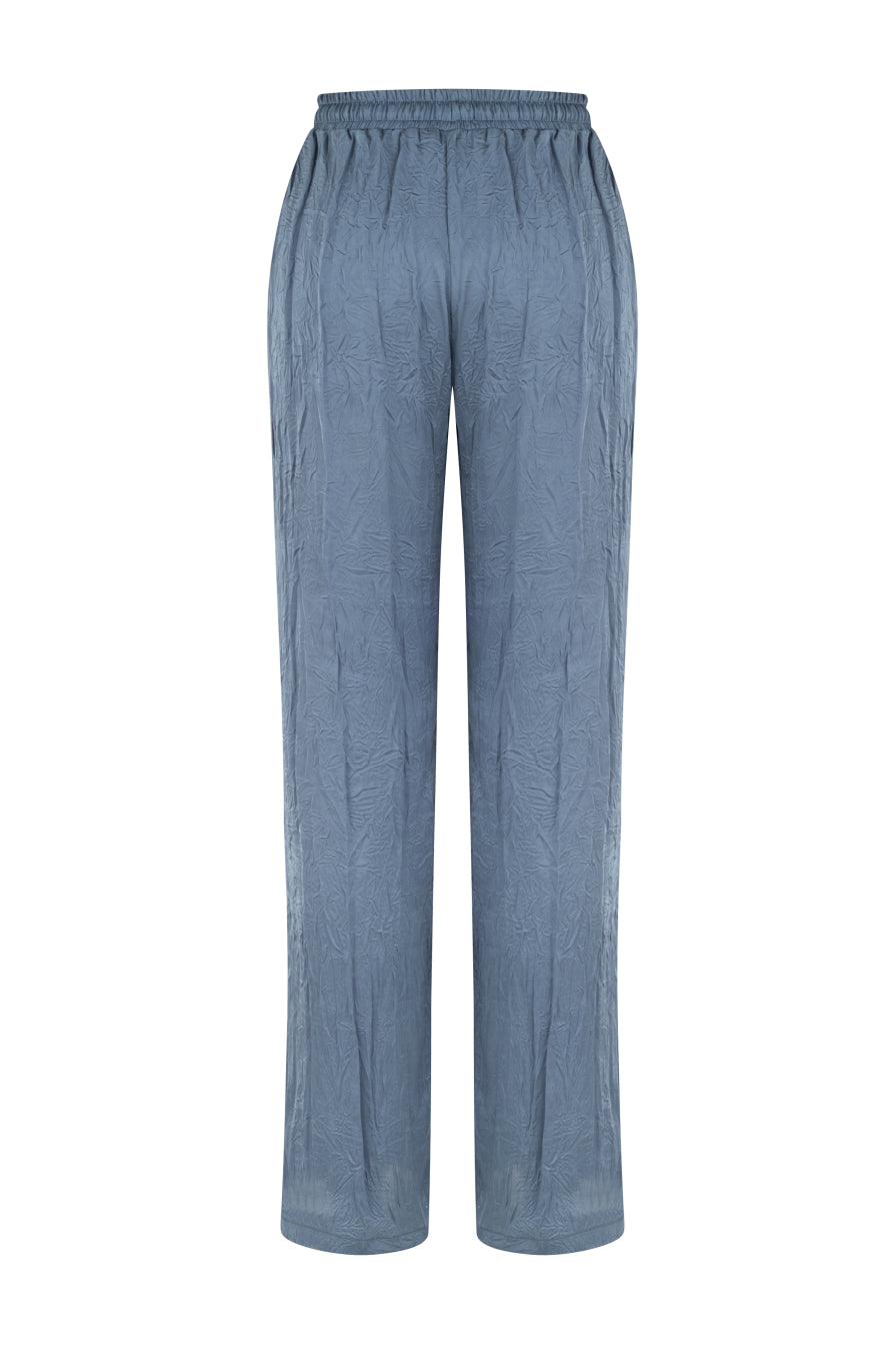 Beli Büzgülü Lacivert Saten Pantolon