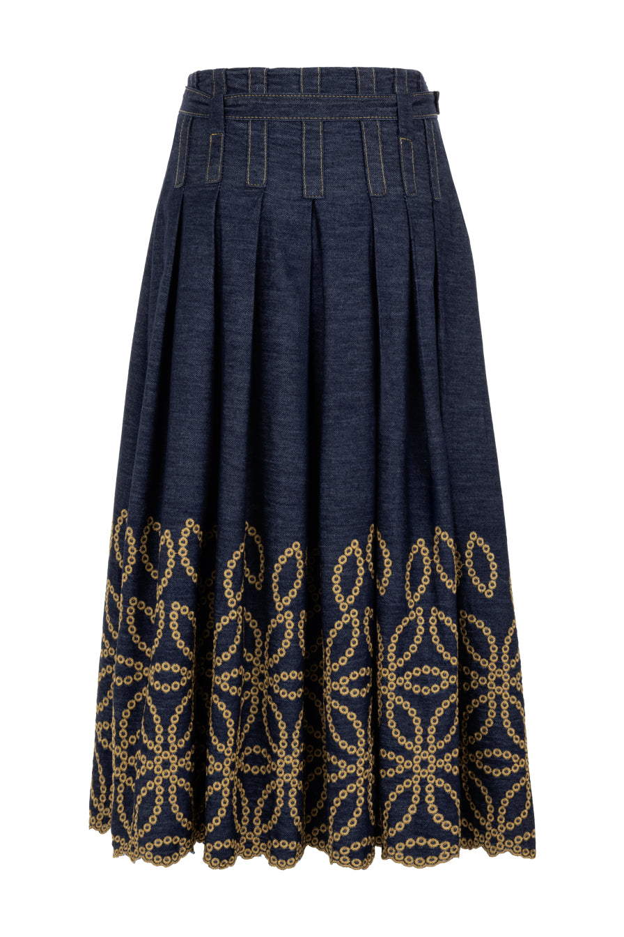 Brodeli Pileli Denim Midi Etek