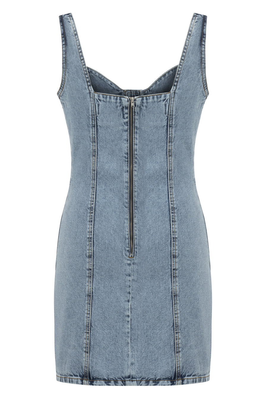 Düğme Detaylı Buz Mavisi Denim Mini Elbise