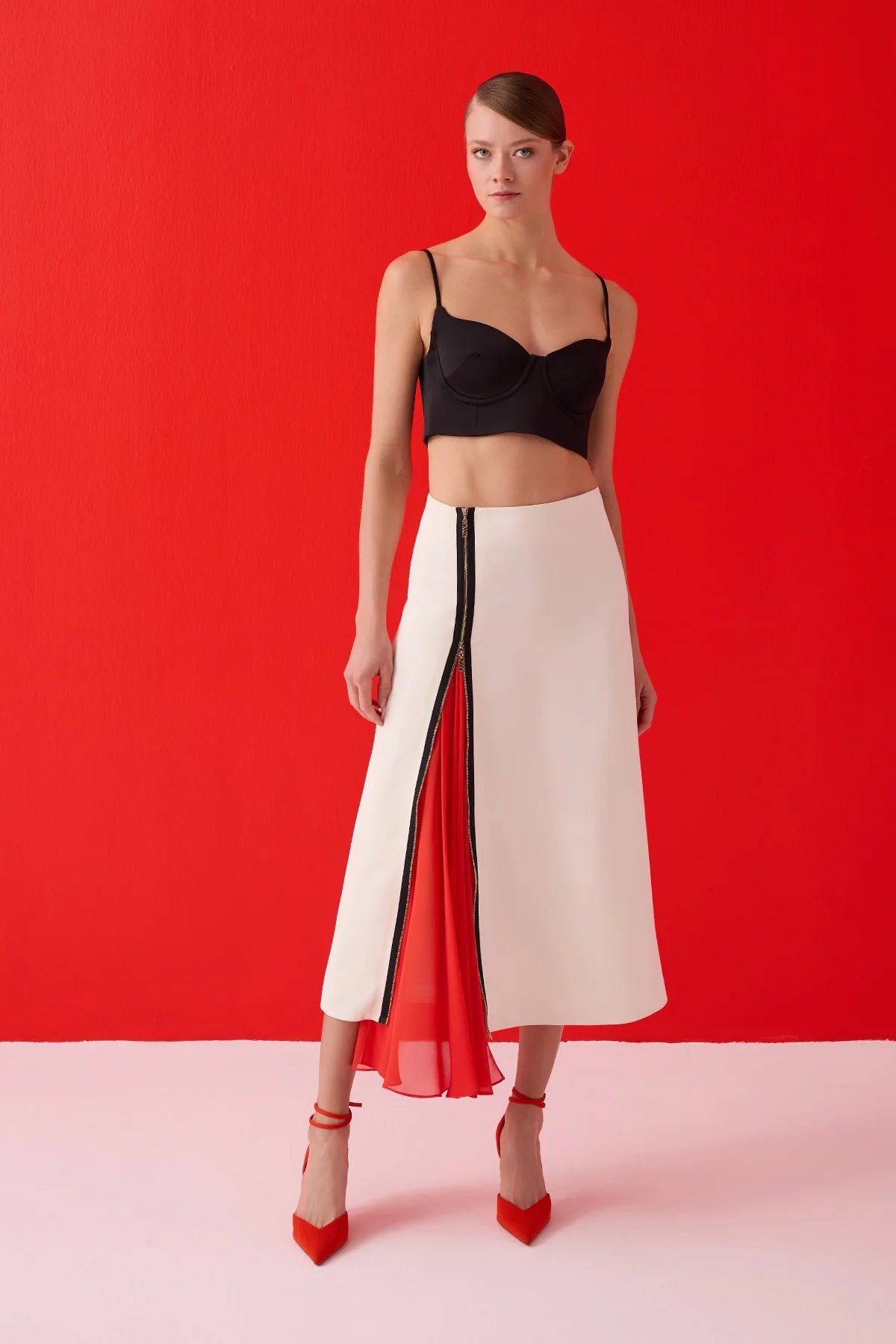 Ekru Şerit Fermuarlı Midi Boy Etek