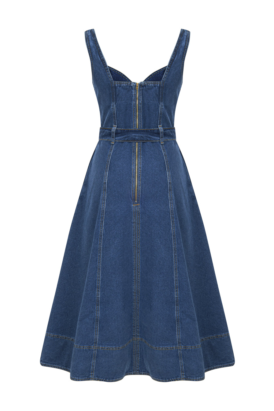 Askılı Denim Midi Elbise