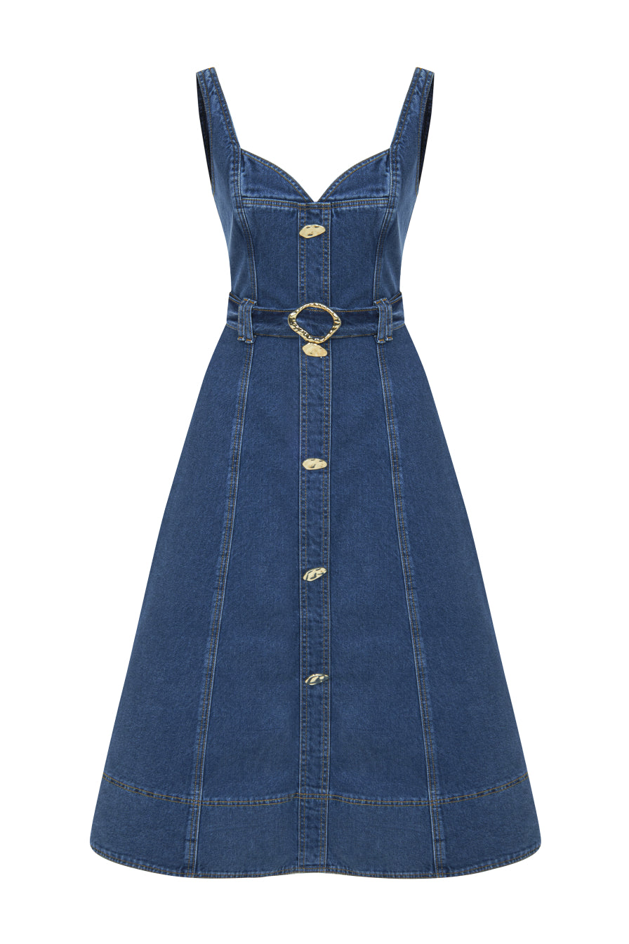 Askılı Denim Midi Elbise