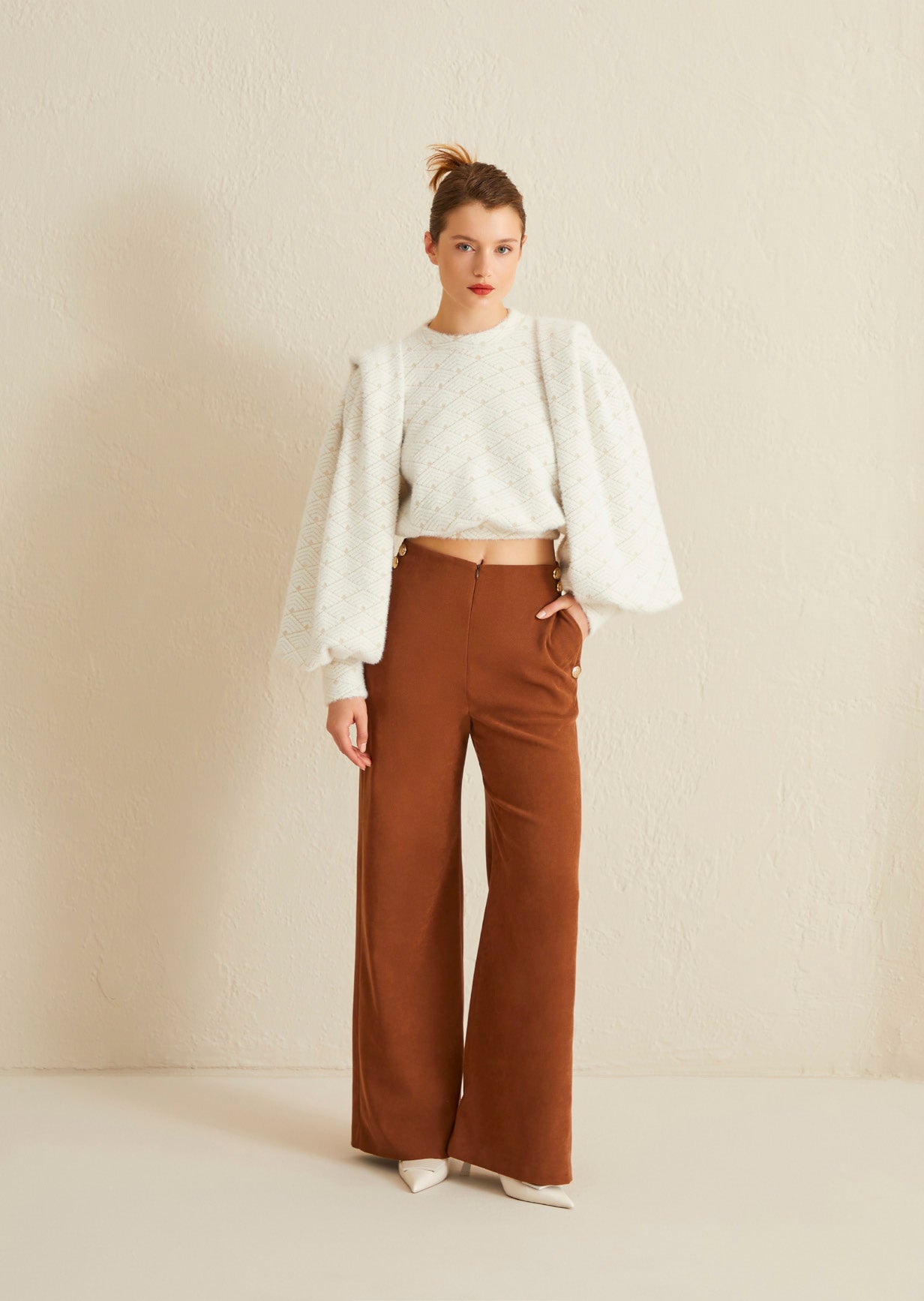 Ekru Desenli Triko Balon Kollu Crop Bluz