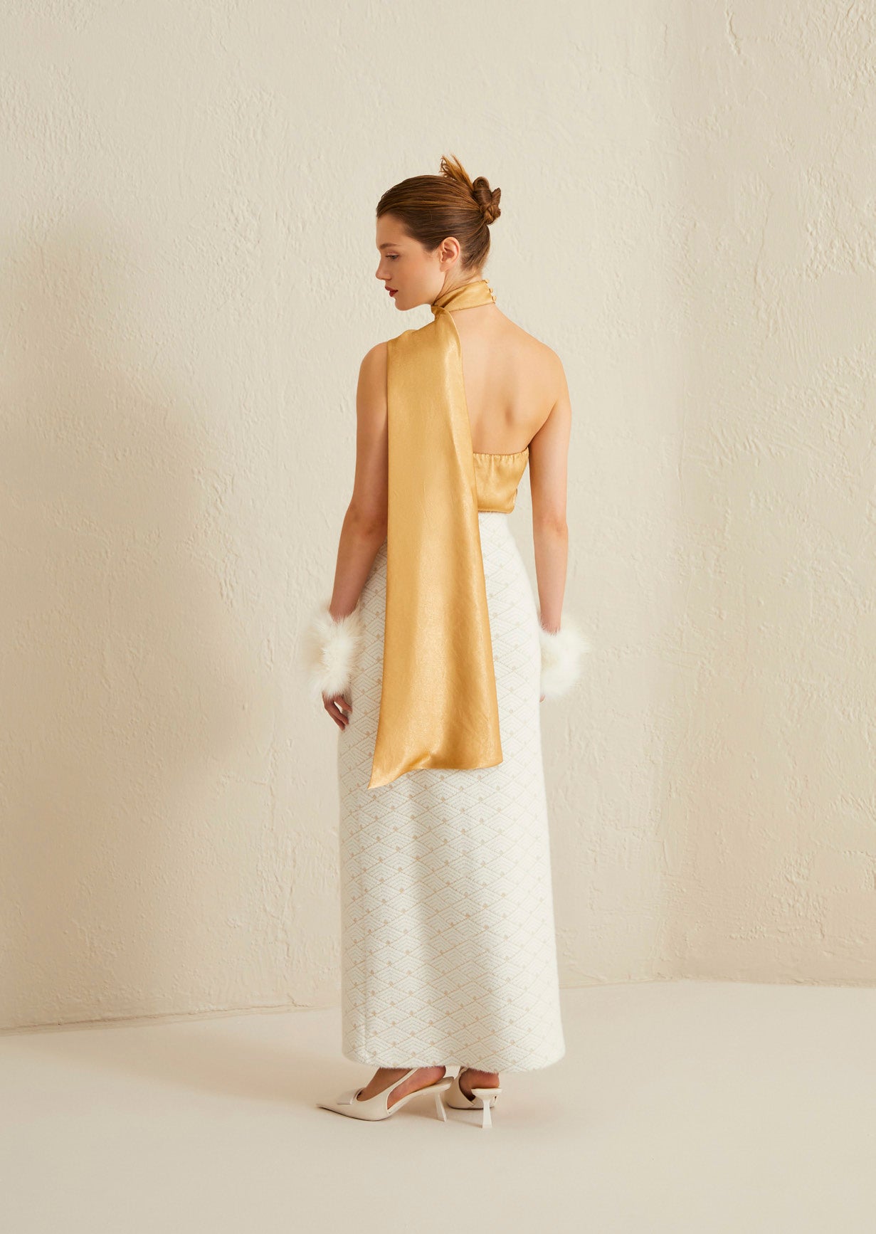 Ekru Desenli Triko Uzun Etek