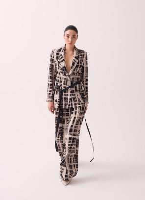 Desenli Belinden Kemerli Blazer Ceket