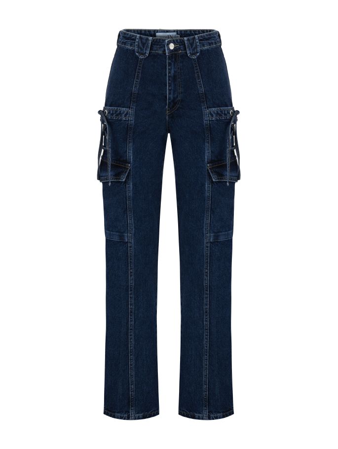 Yanı Bağcık Detaylı Lacivert Denim Pantolon