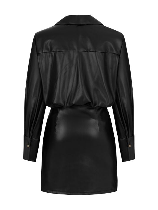 Gömlek Formlu Suni Deri Siyah Elbise