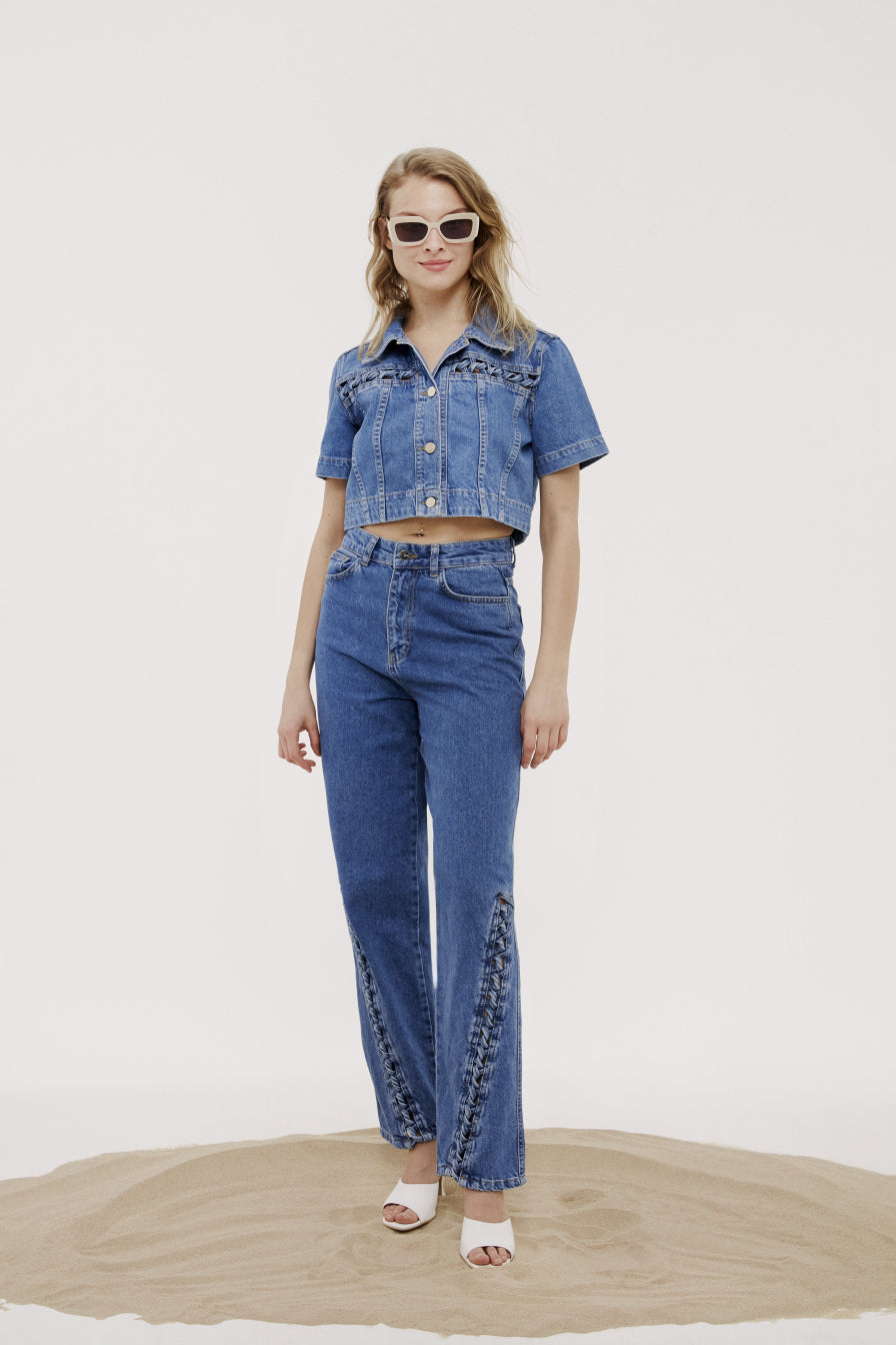 Örgü Detaylı Mavi Denim Pantolon