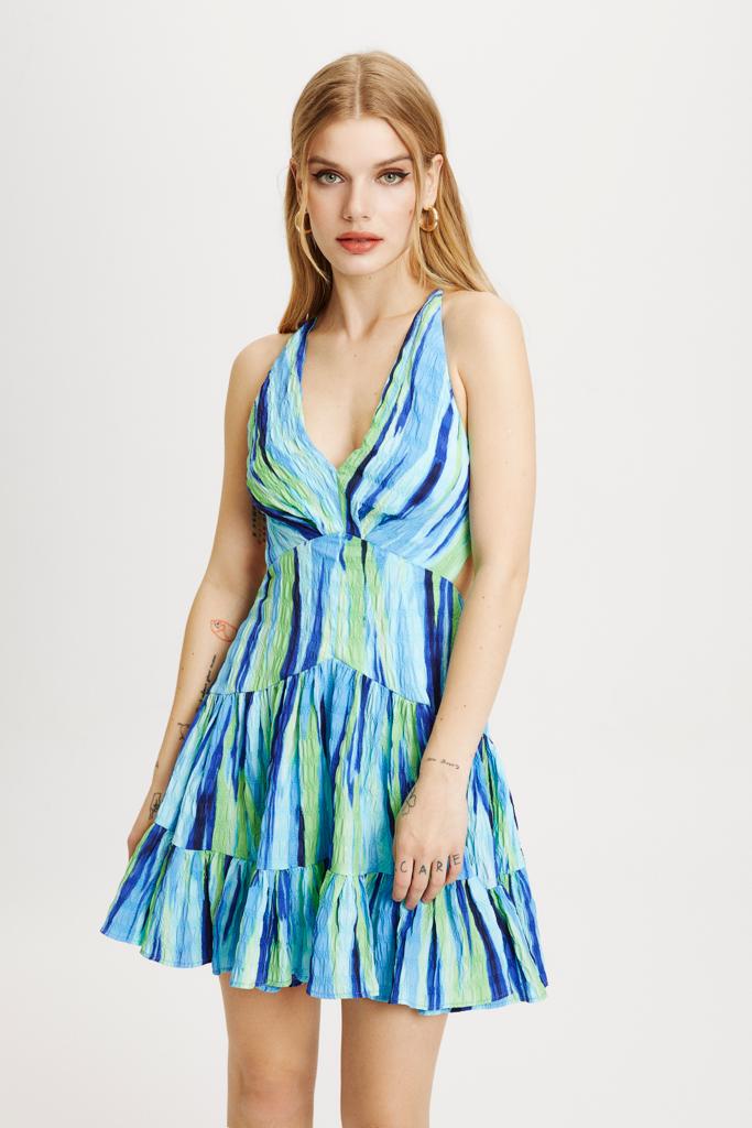 Boyundan Bağlamalı Sırt Dekolteli Yeşil Desenli Elbise