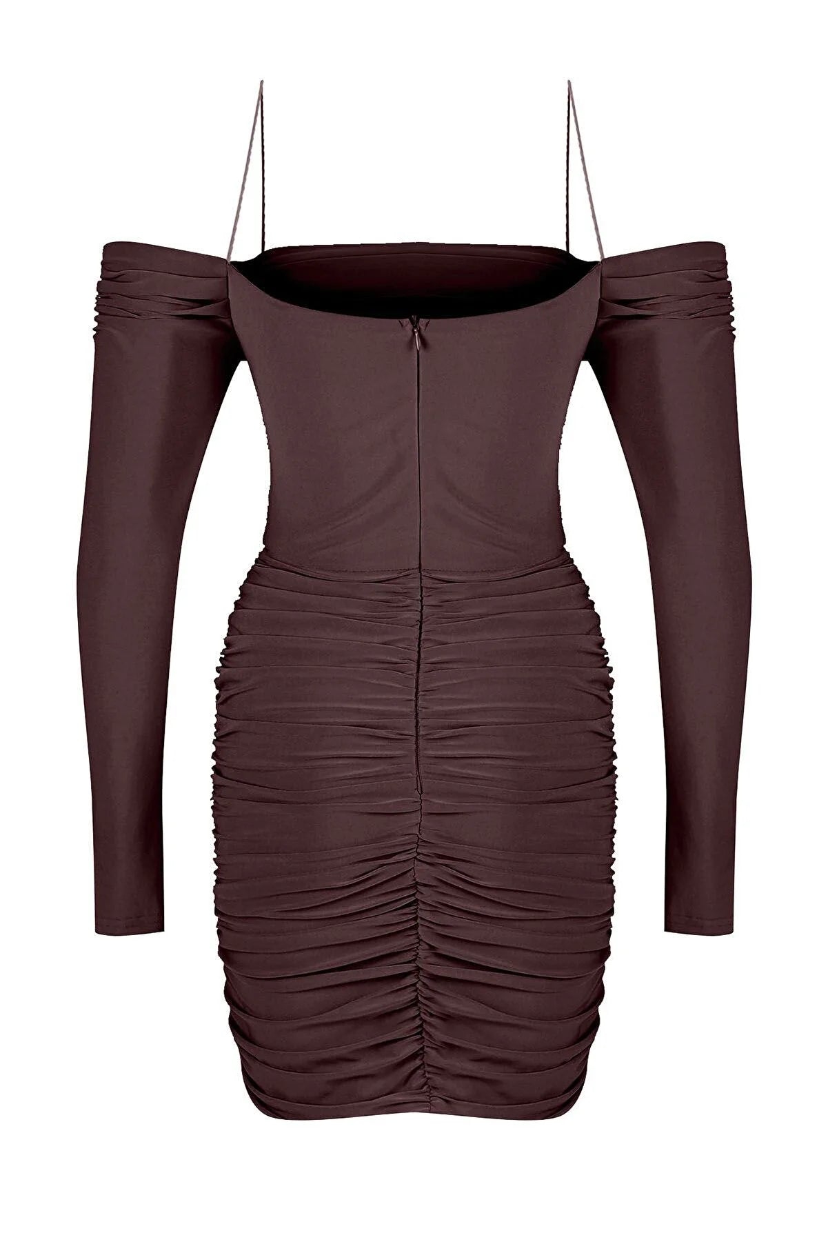 Kahverengi Askılı Detaylı Uzun Kollu Drapeli Mini Abiye Elbise