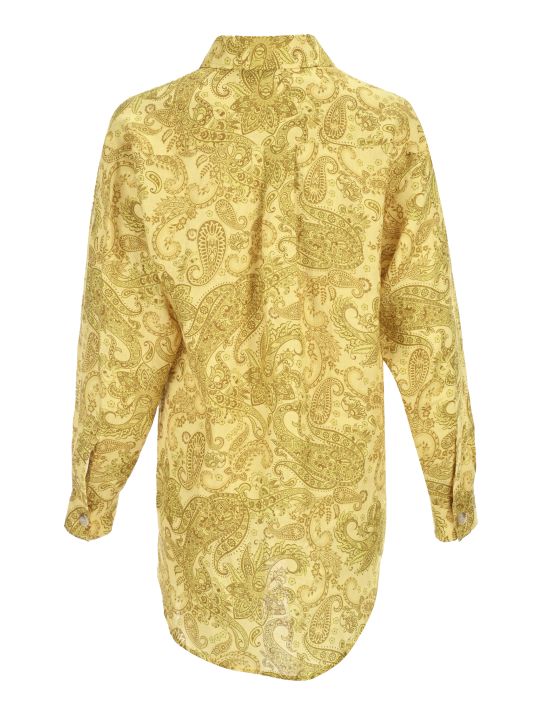 Sarı Desenli Oversize Keten Gömlek