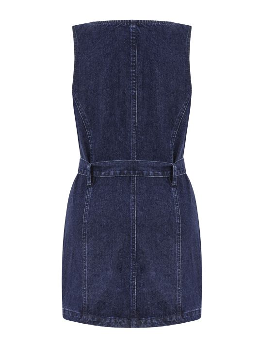 Önden Fermuarlı Kolsuz Kemerli Denim Elbise