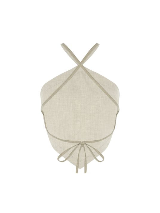 Boyundan Bağlamalı Sırt Dekolteli Bej Bluz