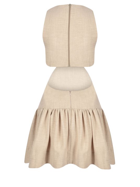 Sıfır Yaka Bel Detaylı Bej Elbise