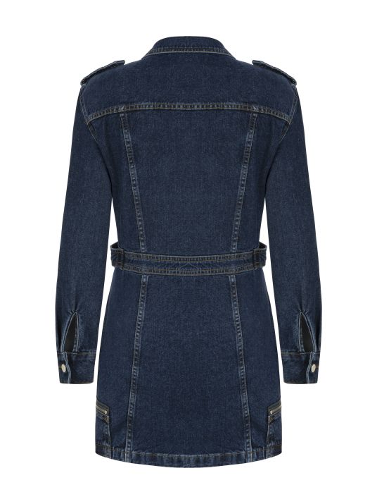 Çok Cepli Lacivert Denim Elbise