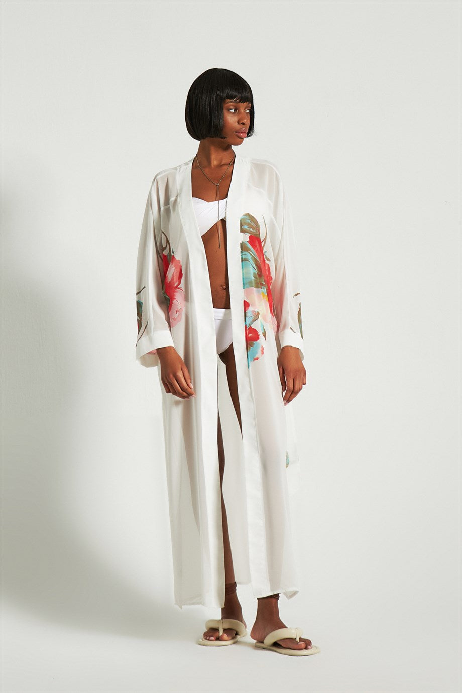 Ekru Çiçek Desenli Kimono