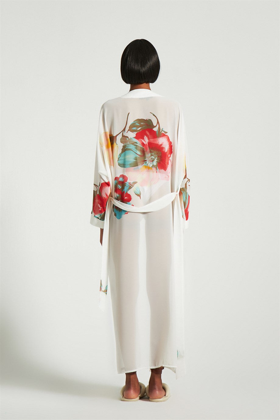 Ekru Çiçek Desenli Kimono