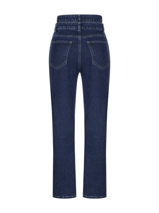 Çift Kemerli Lacivert Denim Pantolon