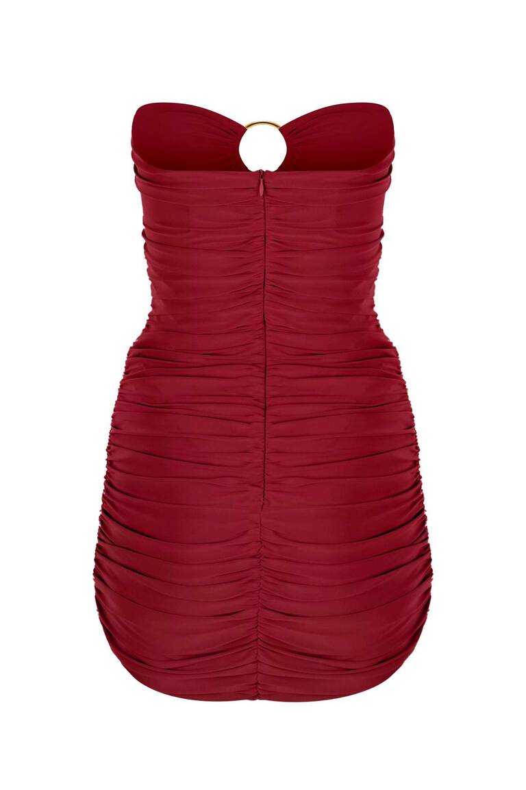 Bordo Göğüsten Altın Rengi İki Halkalı Büzgü Straplez Drapeli Mini Abiye Elbise