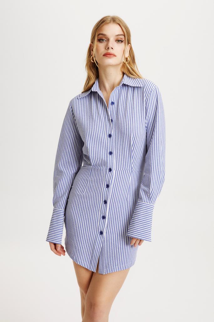 Mavi Çizgili Önden Düğmeli Gömlek Elbise