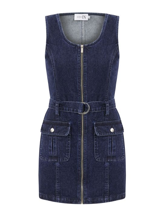 Önden Fermuarlı Kolsuz Kemerli Denim Elbise