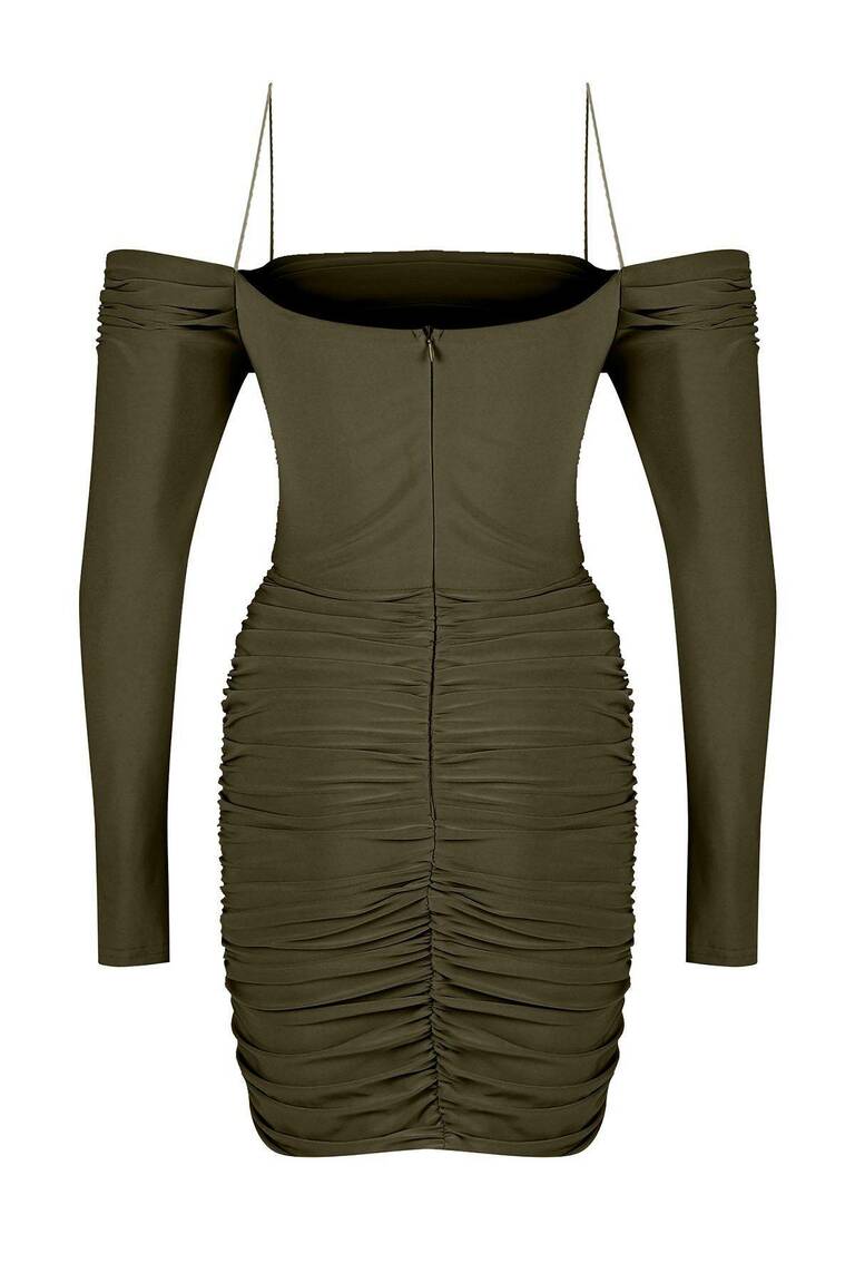 Haki Askılı Detaylı Uzun Kollu Drapeli Mini Abiye Elbise