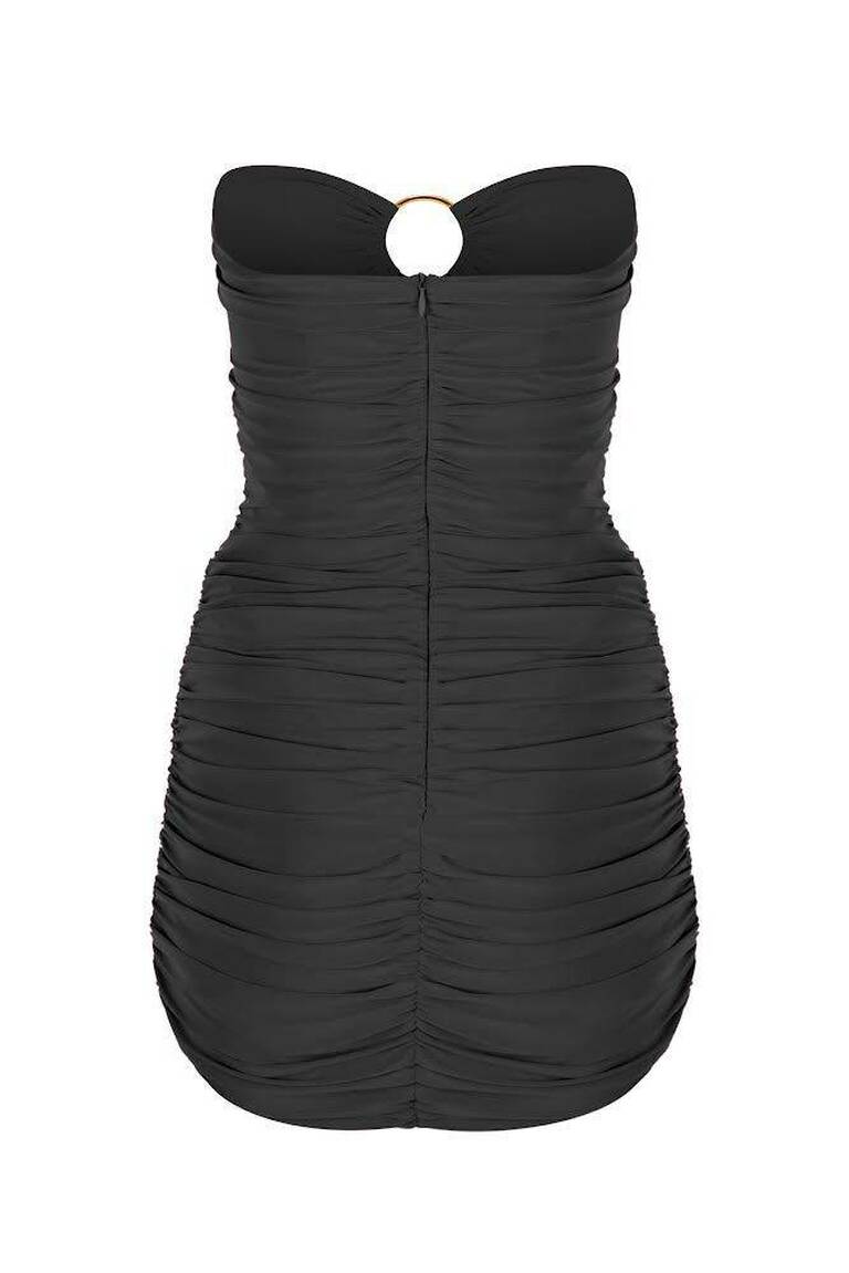 Siyah Göğüsten Altın Rengi İki Halkalı Büzgü Straplez Drapeli Mini Abiye Elbise