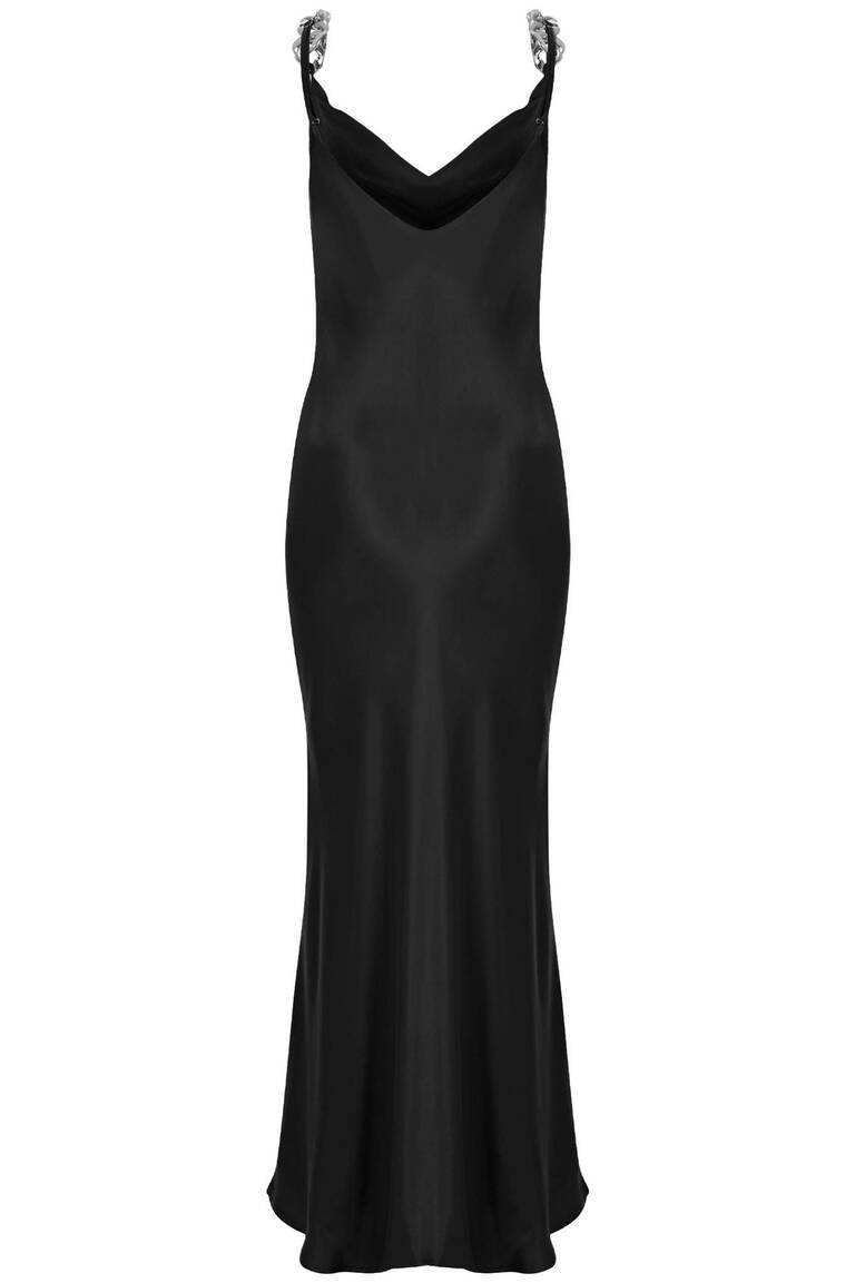 Siyah Zincir Detaylı Ayarlanabilir Askılı V Yaka Saten Abiye Elbise