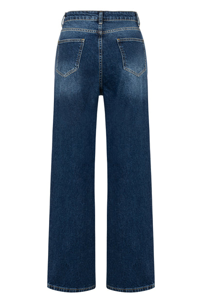 Yüksek Bel Taşlanmış Lacivert Denim Pantolon