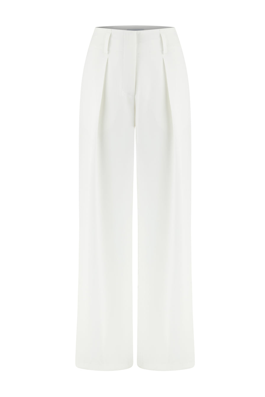 Krep Yüksek Bel Pileli Beyaz Pantolon