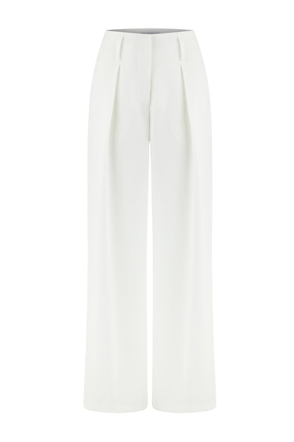 Krep Yüksek Bel Pileli Beyaz Pantolon