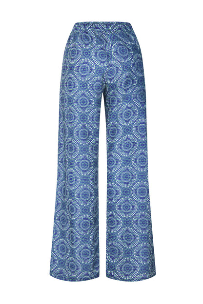 Mavi Desenli Beli Büzgülü Pantolon