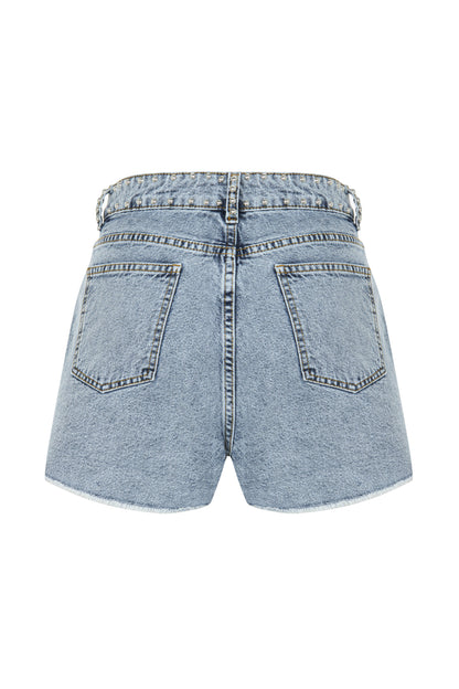 Droplu Buz Mavisi Denim Şort