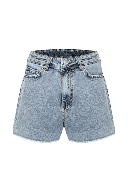 Droplu Buz Mavisi Denim Şort