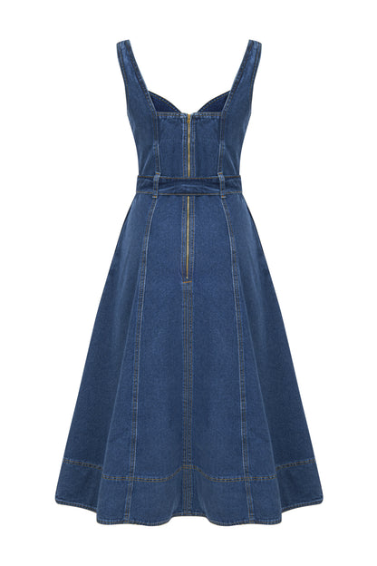 Askılı Denim Midi Elbise