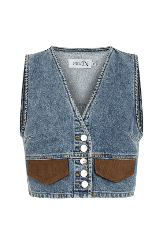 Kadife Cep Detaylı Denim Yelek