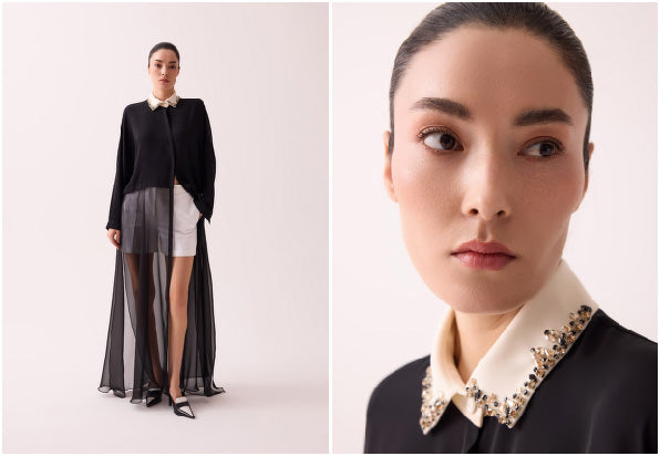 Yakası İşlemeli Uzun Şifon Gömlek