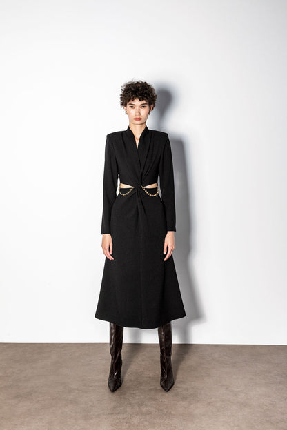 Siyah Cut-Out Detaylı Midi Elbise