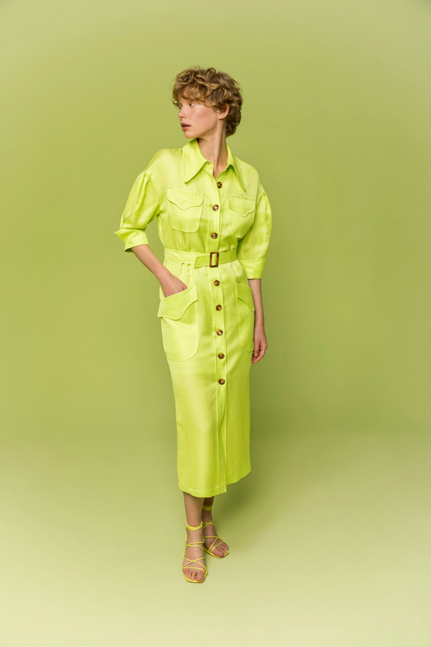 Fıstık Yeşili Gömlek Formlu Elbise