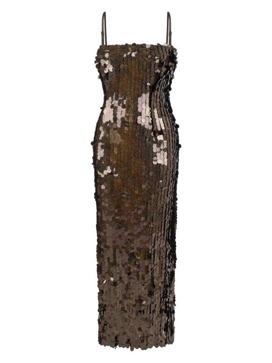 İp Askılı Kahverengi Simli Payetli Elbise