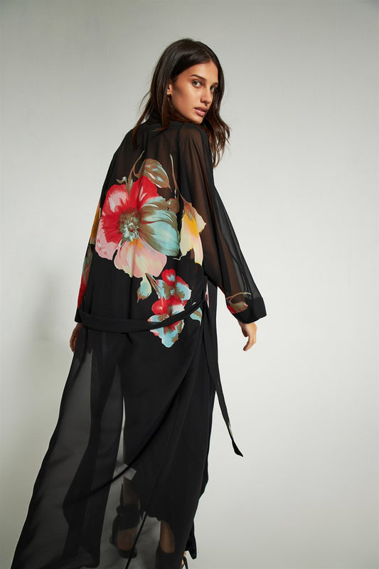 Siyah Çiçek Desenli Kimono